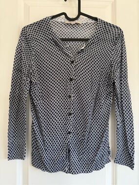 LOFT Navy and White Geometric Button-Front Sweater